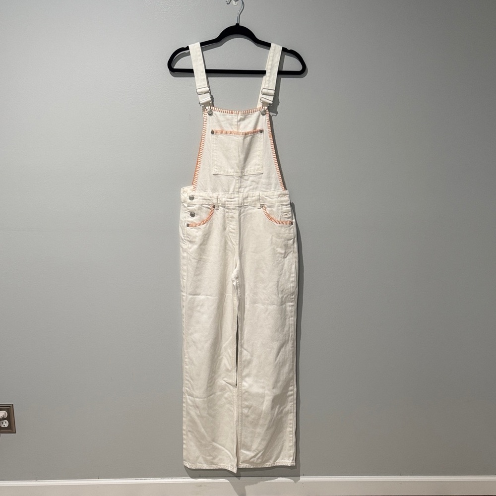Zara Women's Overalls  Summer Travel  Denim Dungarees Ecru With Topstitching - Picture 2 of 9
